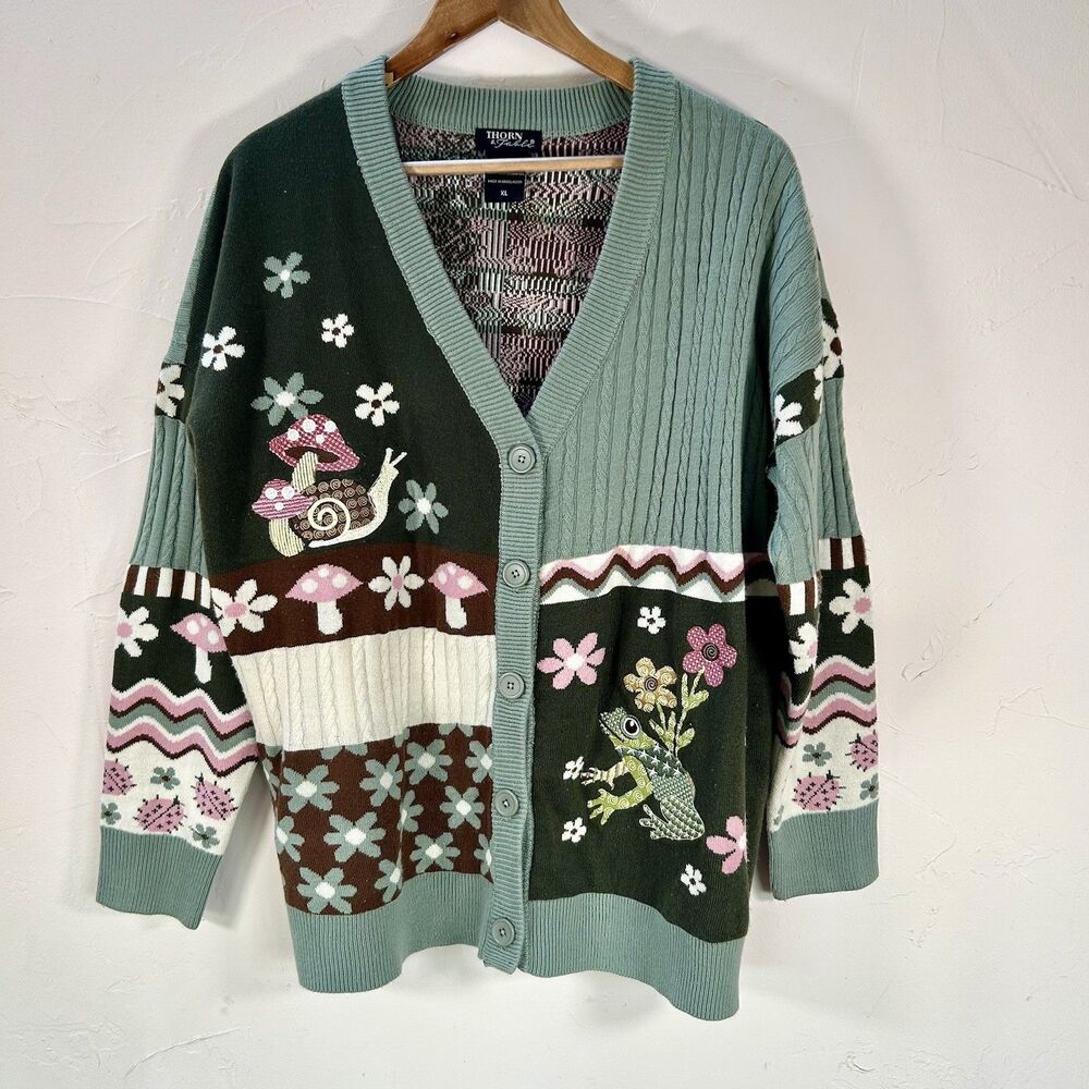 Thorn & Fable Cottagecore Whimsical Green Cardigan Mushroom Frog Butterfly XL